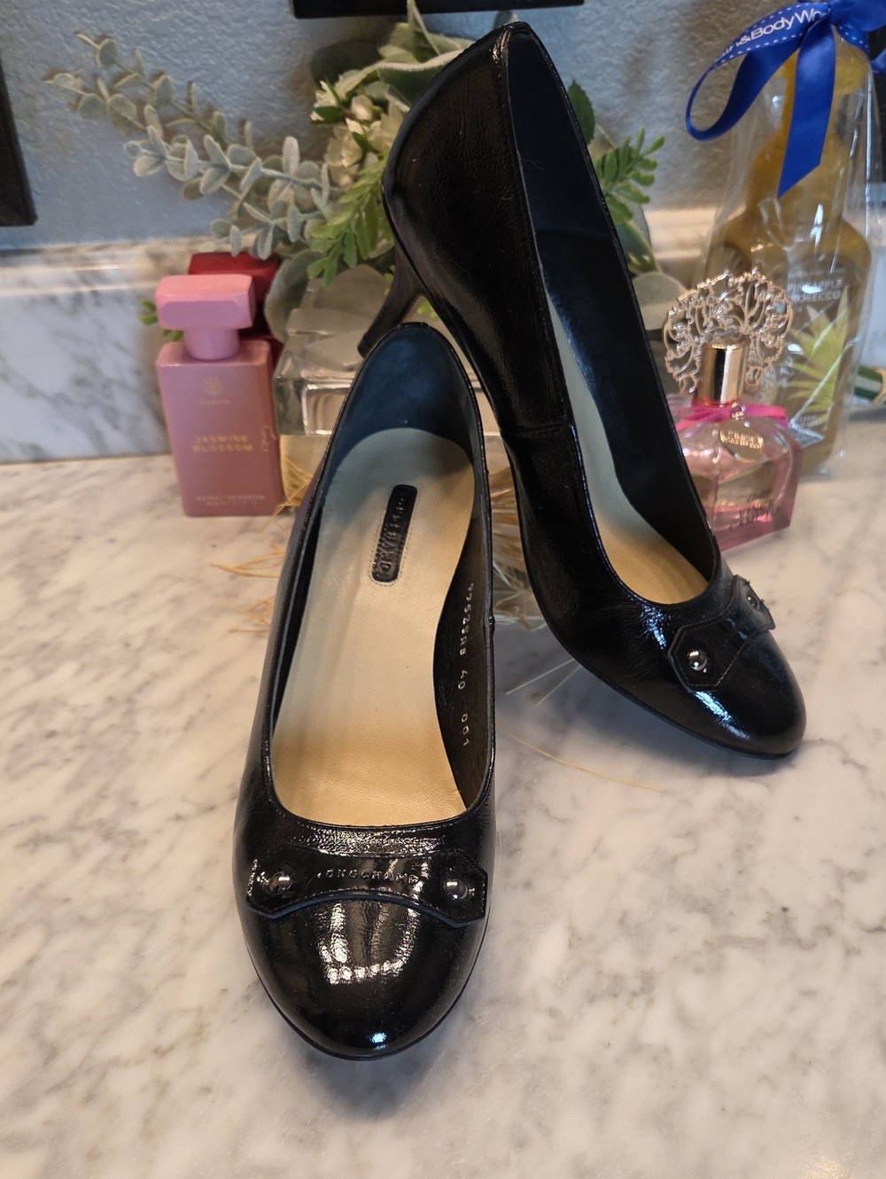 Longchamp Black Patent Leather Round-Toe 2-Inch Heels Size 40 NWOT